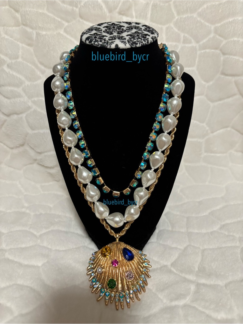 Natasha Gold Shell Pendant Necklace with White Pearls and Blue-Green Crystals - Picture 2 of 7